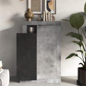 Fiora Wooden Highboard With 2 Doors In Cement And Lead | Bed Sava