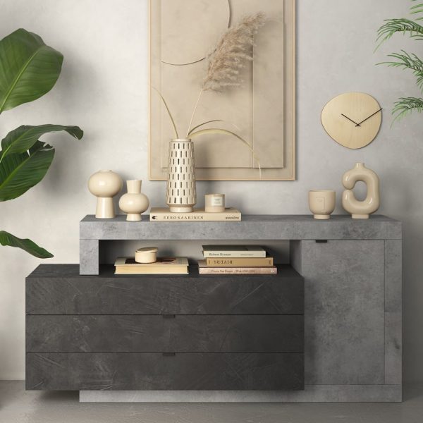 Fiora Wooden Sideboard With 1 Door 3 Drawers In Cement And Lead | Bed Sava