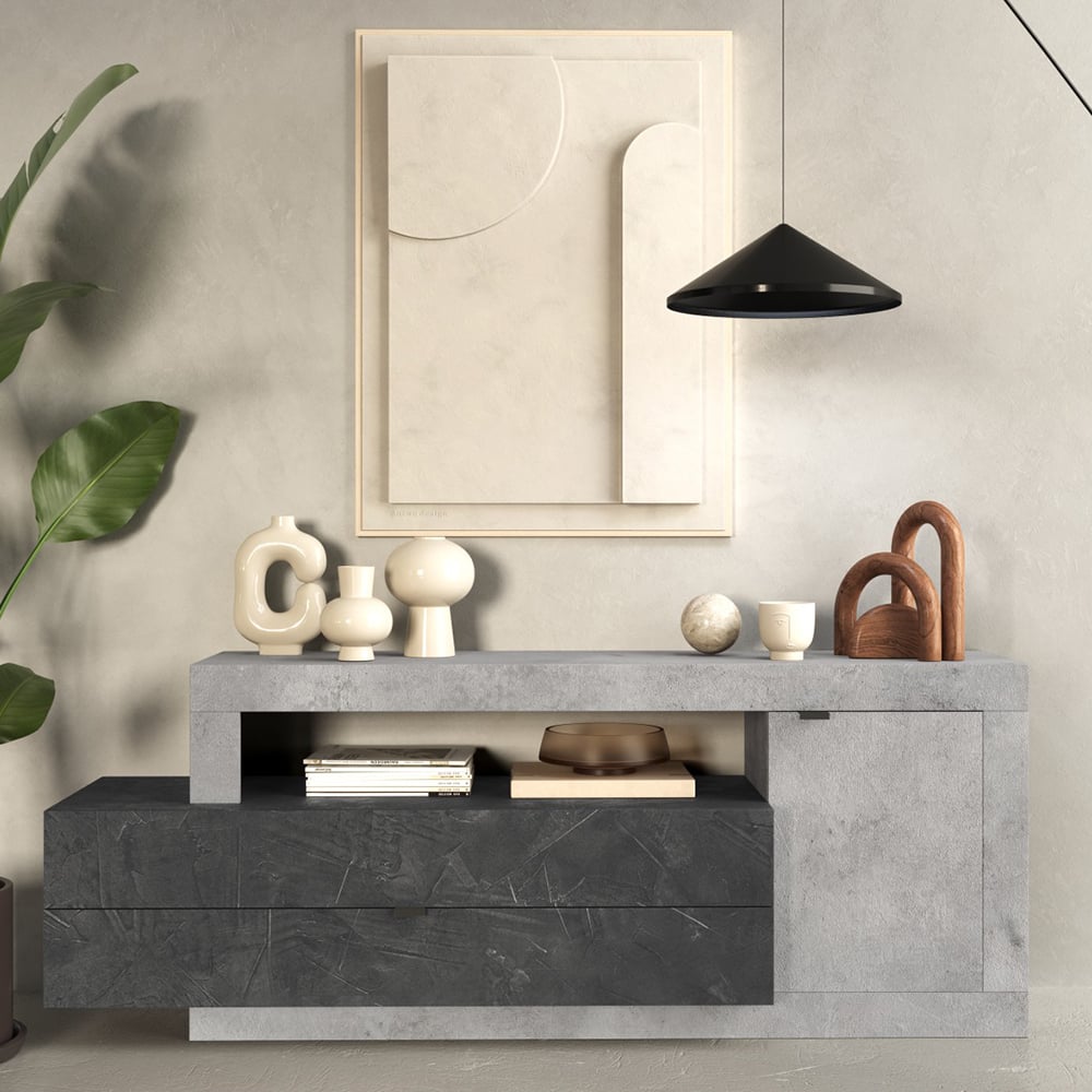Fiora Wooden TV Sideboard With 1 Door 2 Drawers In Cement And Lead