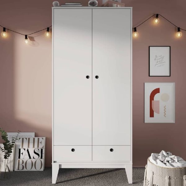 Fletcher Wooden Wardrobe With 2 Doors In White | Bed Sava