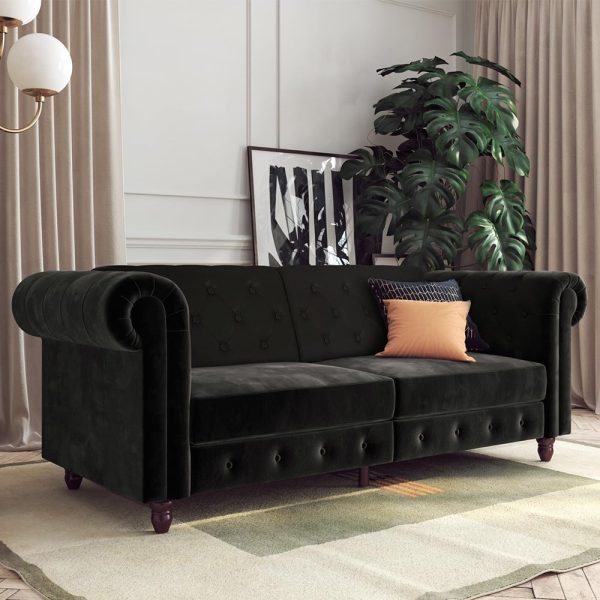 Flex Velvet Sofa Bed With Wooden Legs In Black | Bed Sava
