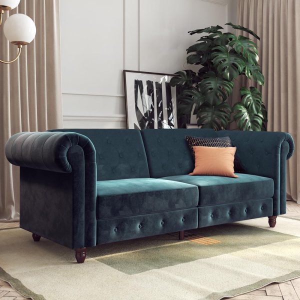 Flex Velvet Sofa Bed With Wooden Legs In Blue | Bed Sava