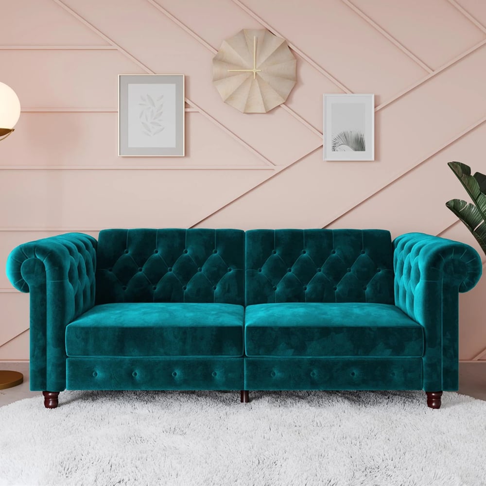 Flex Velvet Sofa Bed With Wooden Legs In Teal