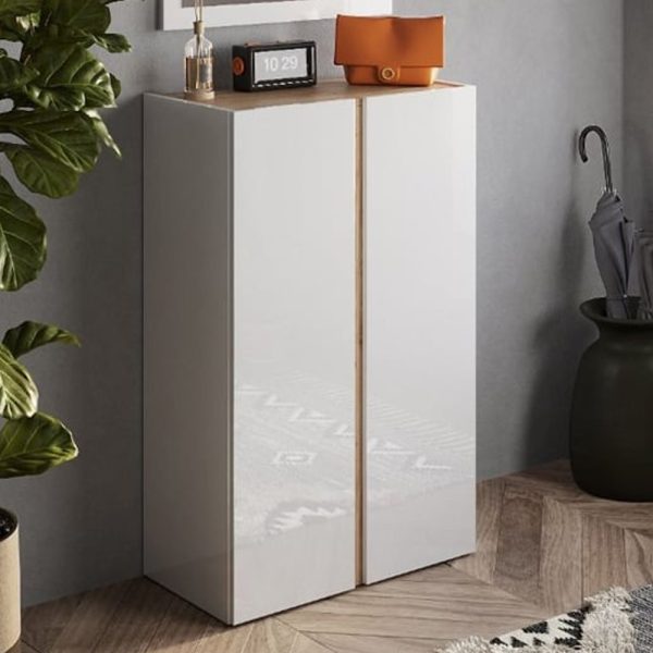 Flint Narrow High Gloss Shoe Cabinet 2 Doors In White Cadiz Oak | Bed Sava