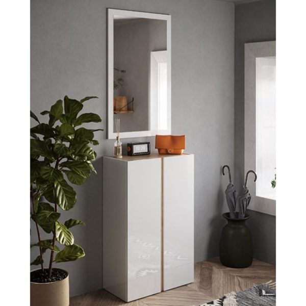 Flint Narrow High Gloss Shoe Cabinet With Mirror In White Cadiz Oak | Bed Sava