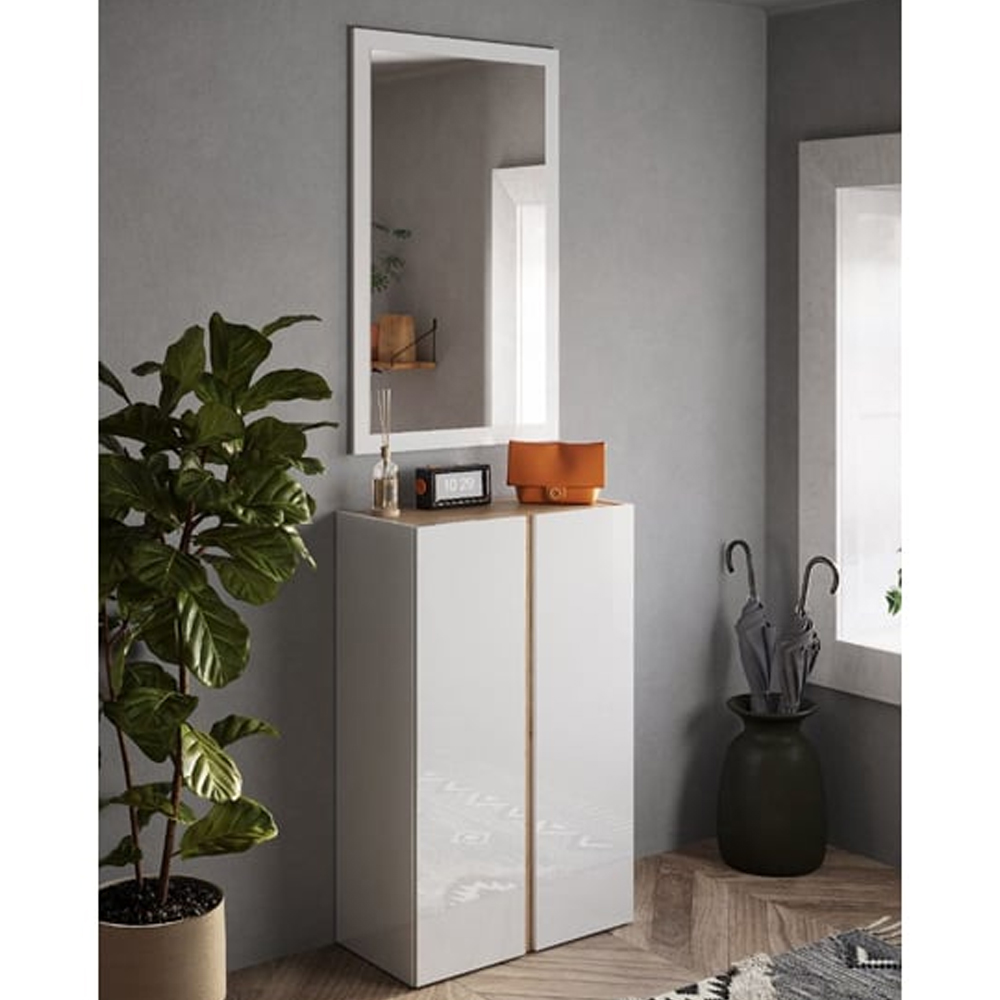 Flint Narrow High Gloss Shoe Cabinet With Mirror In White Cadiz Oak
