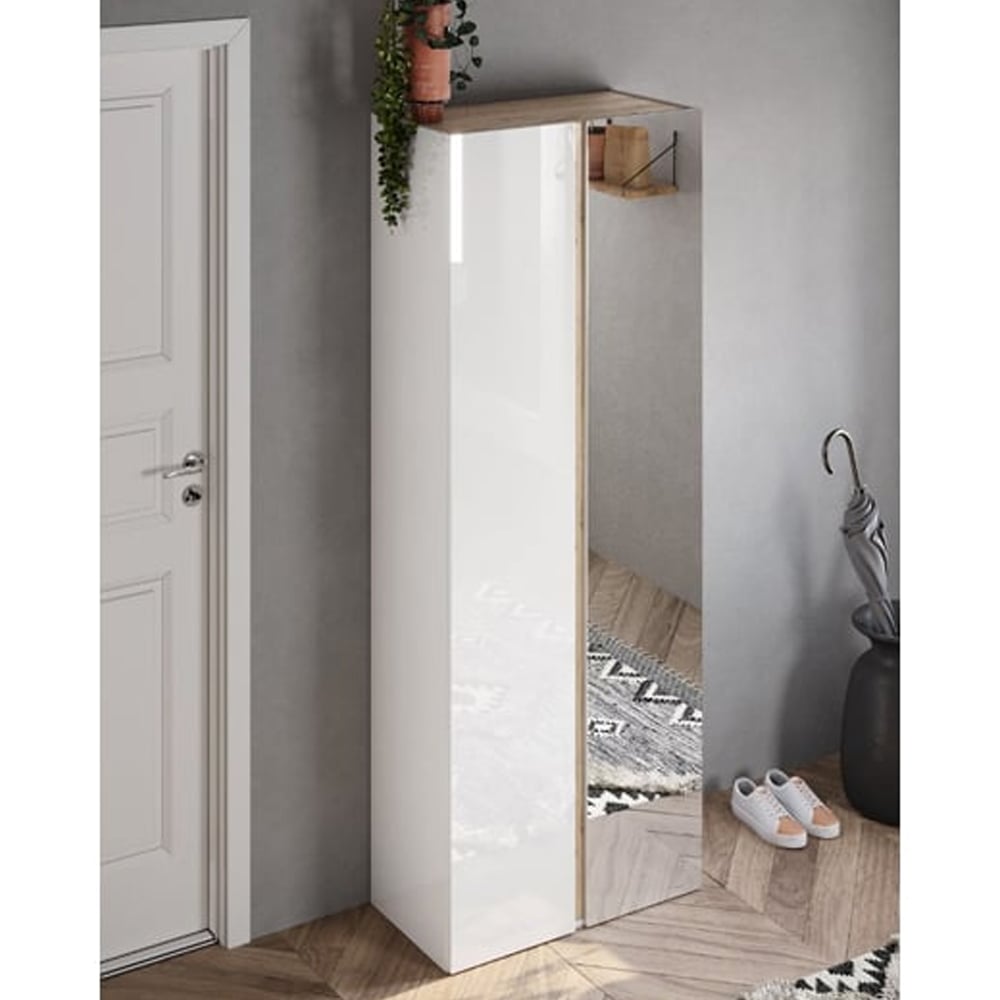 Flint Tall High Gloss Shoe Cabinet 2 Doors In White Cadiz Oak