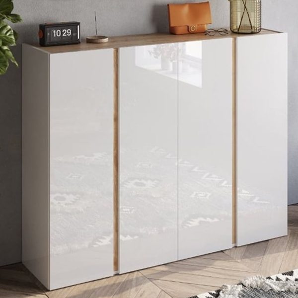 Flint Wide High Gloss Shoe Cabinet With 4 Doors In White Cadiz Oak | Bed Sava