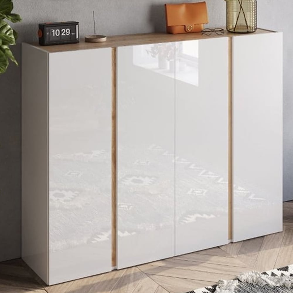 Flint Wide High Gloss Shoe Cabinet With 4 Doors In White Cadiz Oak