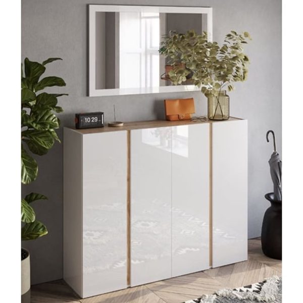 Flint Wide High Gloss Shoe Cabinet With Mirror In White Cadiz Oak | Bed Sava