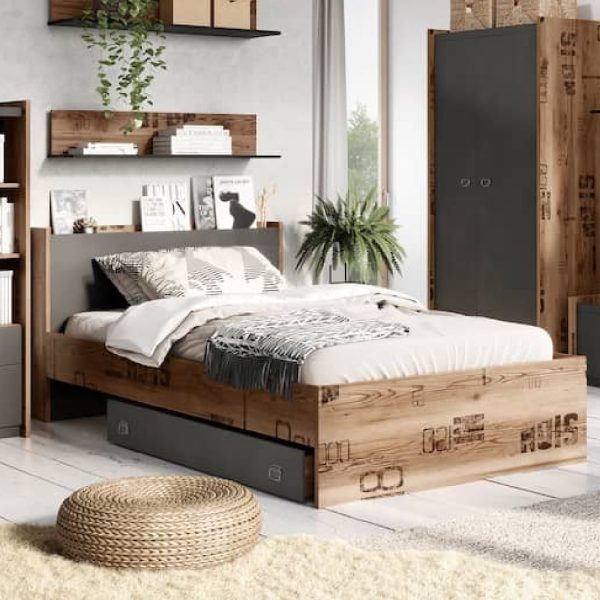 Flint Wooden Single Bed In Raw Steel | Bed Sava