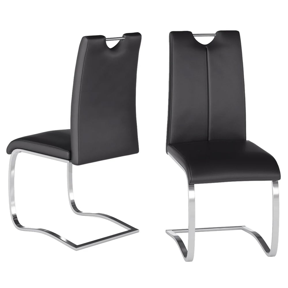 Gable Black Faux Leather Dining Chairs With Chrome Legs In Pair