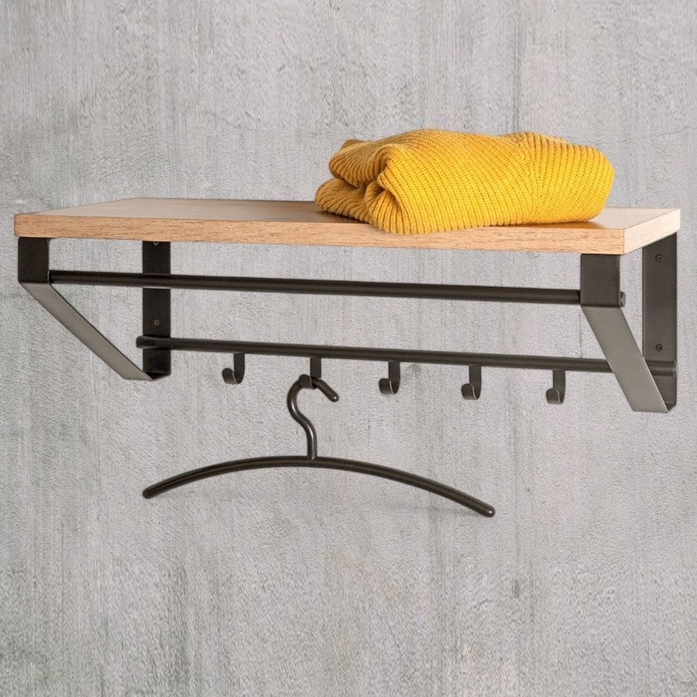Gadsden Metal Wall Coat Rack With Oak Shelf In Black
