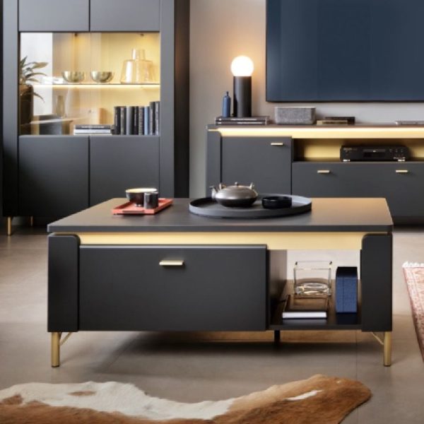 Gaffney Wooden Coffee Table With 1 Drawer In Matt Black And Gold | Bed Sava