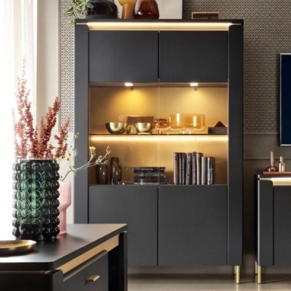 Gaffney LED Wooden Display Cabinet 2 Doors in Matt Black Gold | Bed Sava