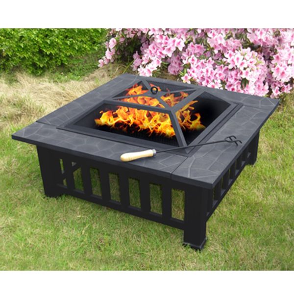 Gainesville Fax Stone Burning Fire Pit With Grilling In Black | Bed Sava