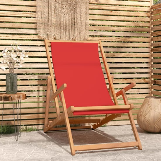 Gella Teak Wood Beach Folding Chair With Red Fabric Seat