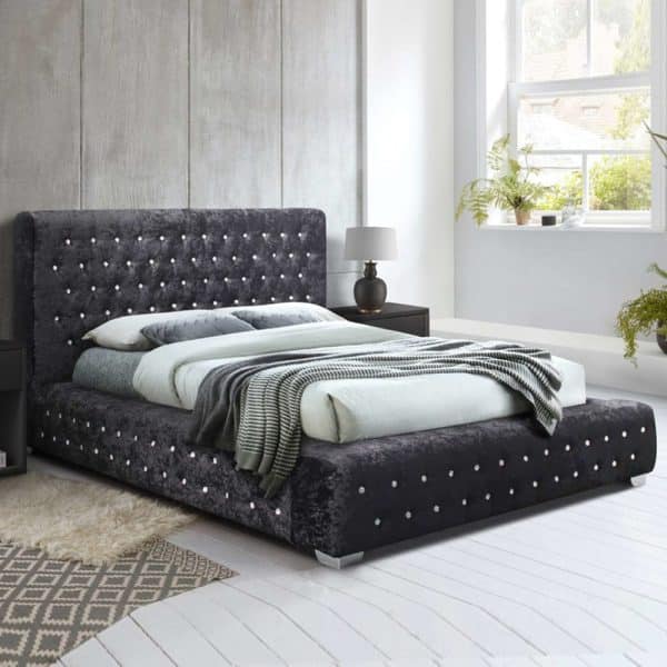 Geneva Fabric Double Bed In Black Crushed Velvet | Bed Sava