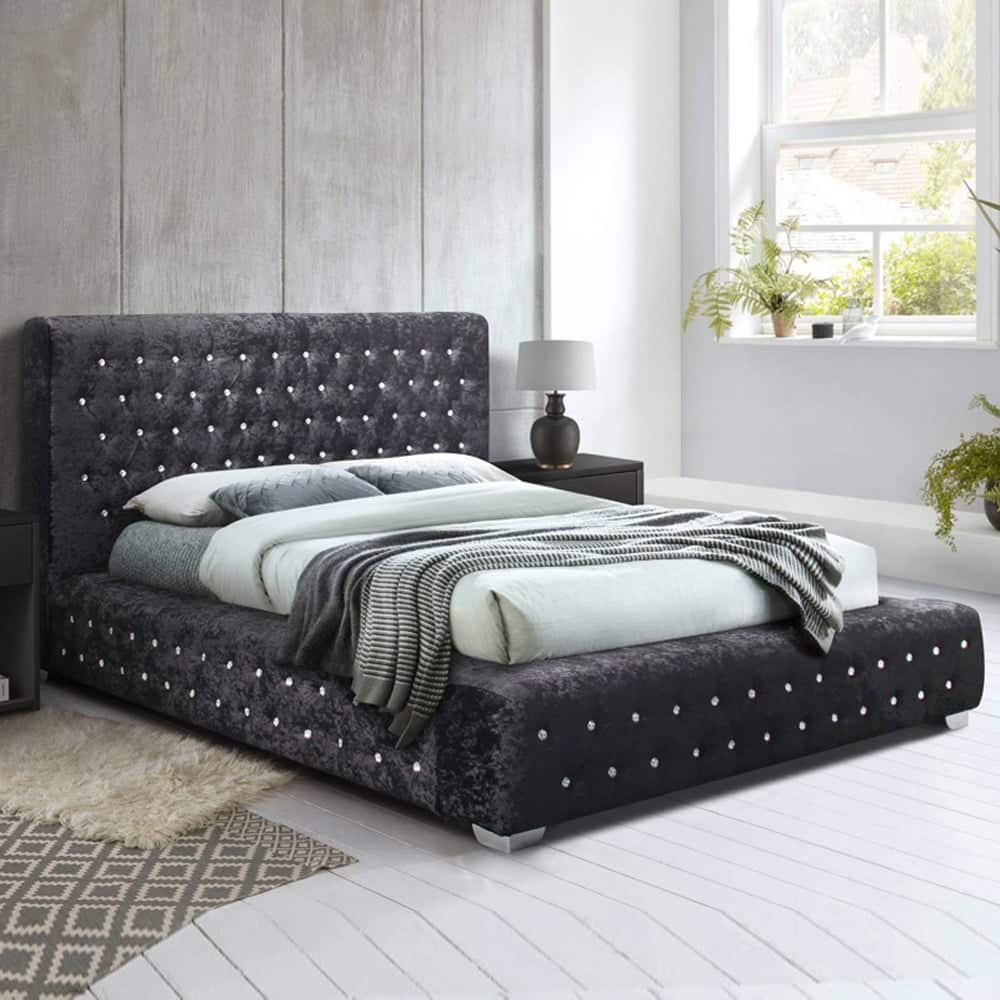 Geneva Fabric Double Bed In Black Crushed Velvet