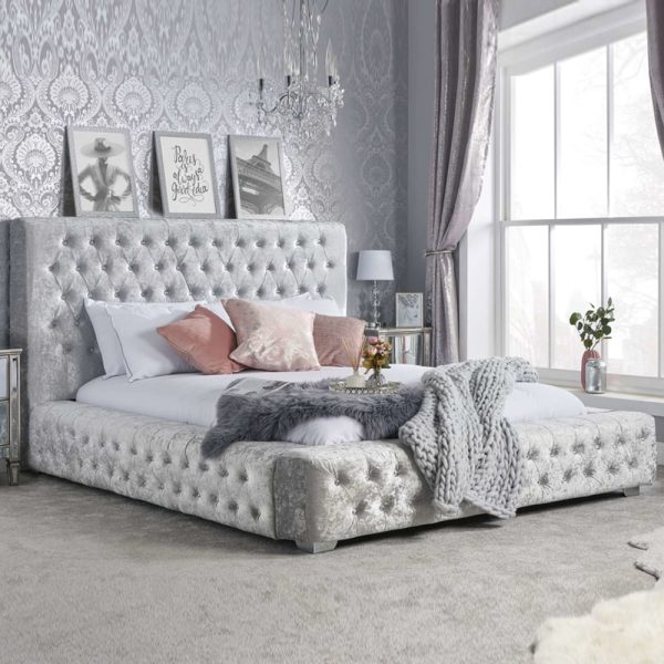 Geneva Fabric King Size Bed In Steel Crushed Velvet | Bed Sava