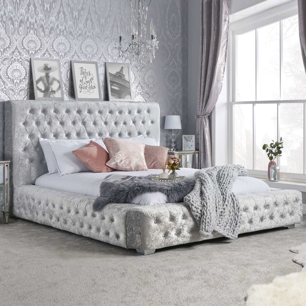 Geneva Fabric King Size Bed In Steel Crushed Velvet