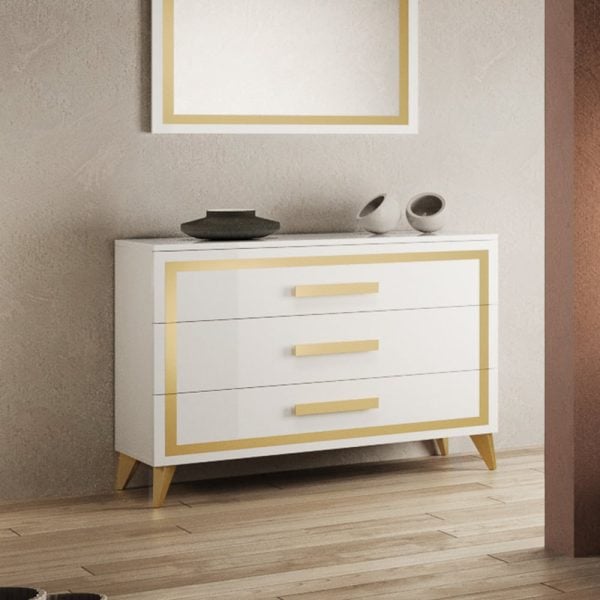 Geneva High Gloss Chest Of 3 Drawers In White And Gold | Bed Sava