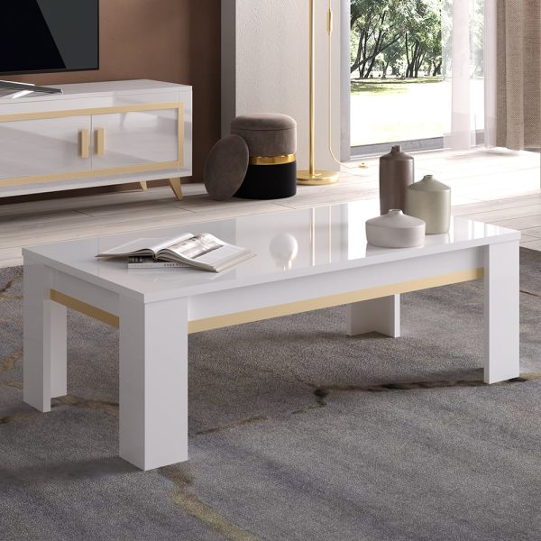 Geneva High Gloss Coffee Table In White And Gold | Bed Sava