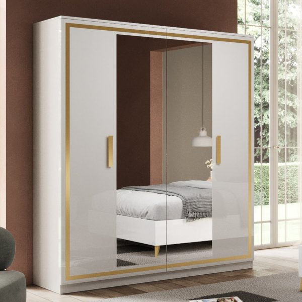 Geneva High Gloss Mirrored Wardrobe 4 Doors In White And Gold | Bed Sava