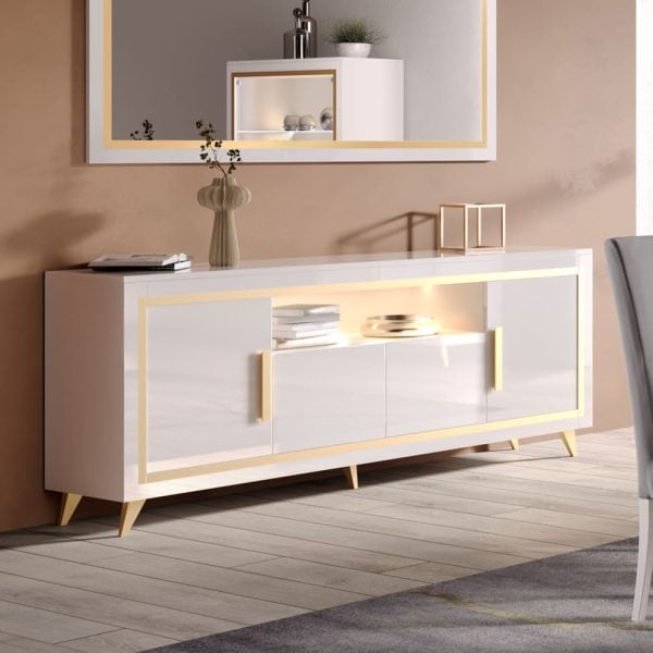 Geneva High Gloss Sideboard 4 Doors In White And Gold With LED | Bed Sava