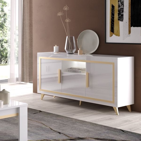 Geneva High Gloss Sideboard 3 Doors In White And Gold With LED | Bed Sava