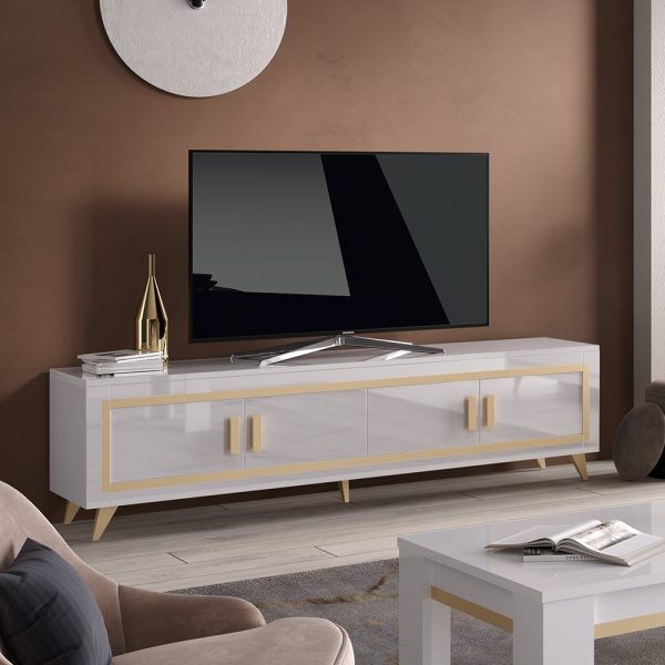 Geneva High Gloss TV Stand 4 Doors In White And Gold With LED | Bed Sava