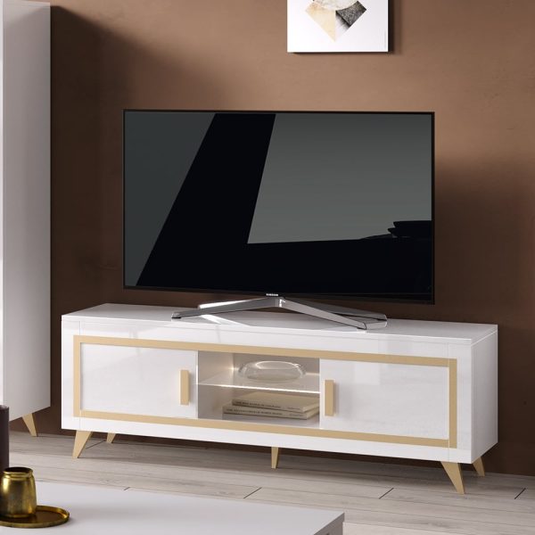 Geneva High Gloss TV Stand 2 Doors In White And Gold With LED | Bed Sava