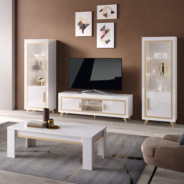 Geneva Living Room Set With Coffee Table In White Gold And LED | Bed Sava
