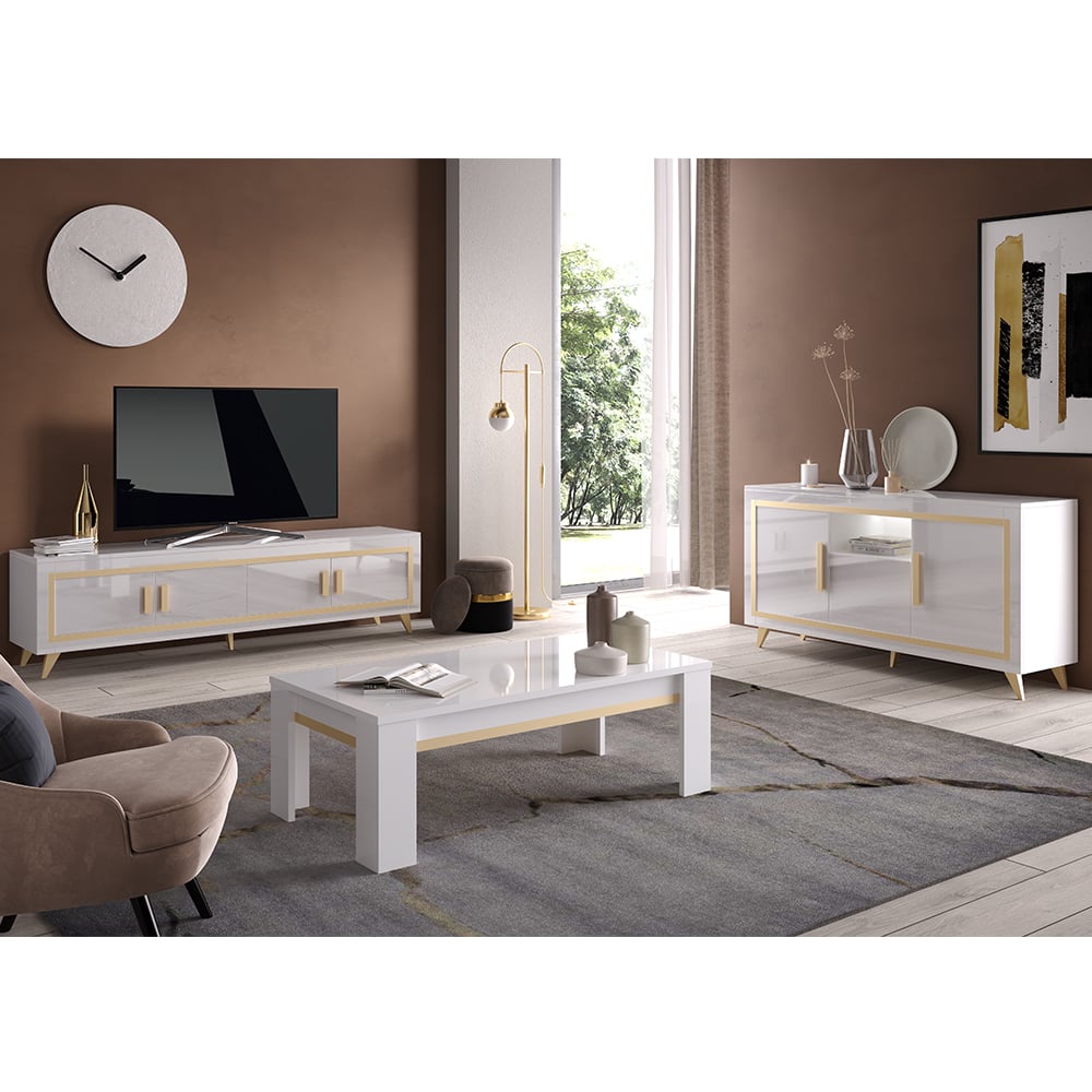 Geneva Living Room Set With Sideboard In White Gold And LED