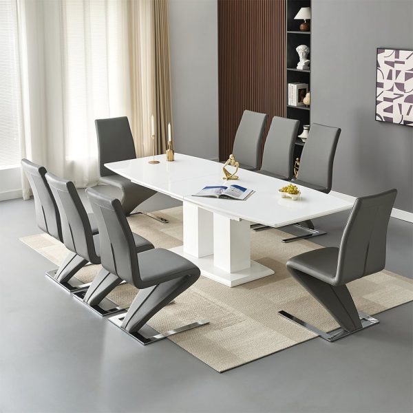 Genisimo Large Gloss Extending Dining Table 8 Demi Z Grey Chairs | Bed Sava