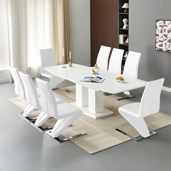 Genisimo Large Gloss Extending Dining Table 8 Demi Z White Chairs | Bed Sava