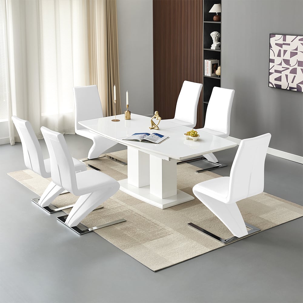 Genisimo Large Gloss Extending Dining Table 6 Demi Z White Chairs