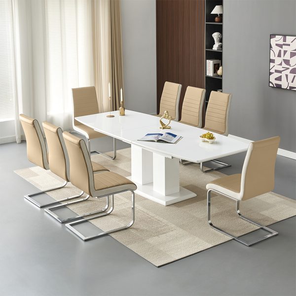 Genisimo Large Gloss Extending Dining Table 8 Symphony Taupe Chairs | Bed Sava