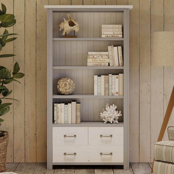 Gilford Wooden Bookcase With 3 Drawers In Greystone | Bed Sava