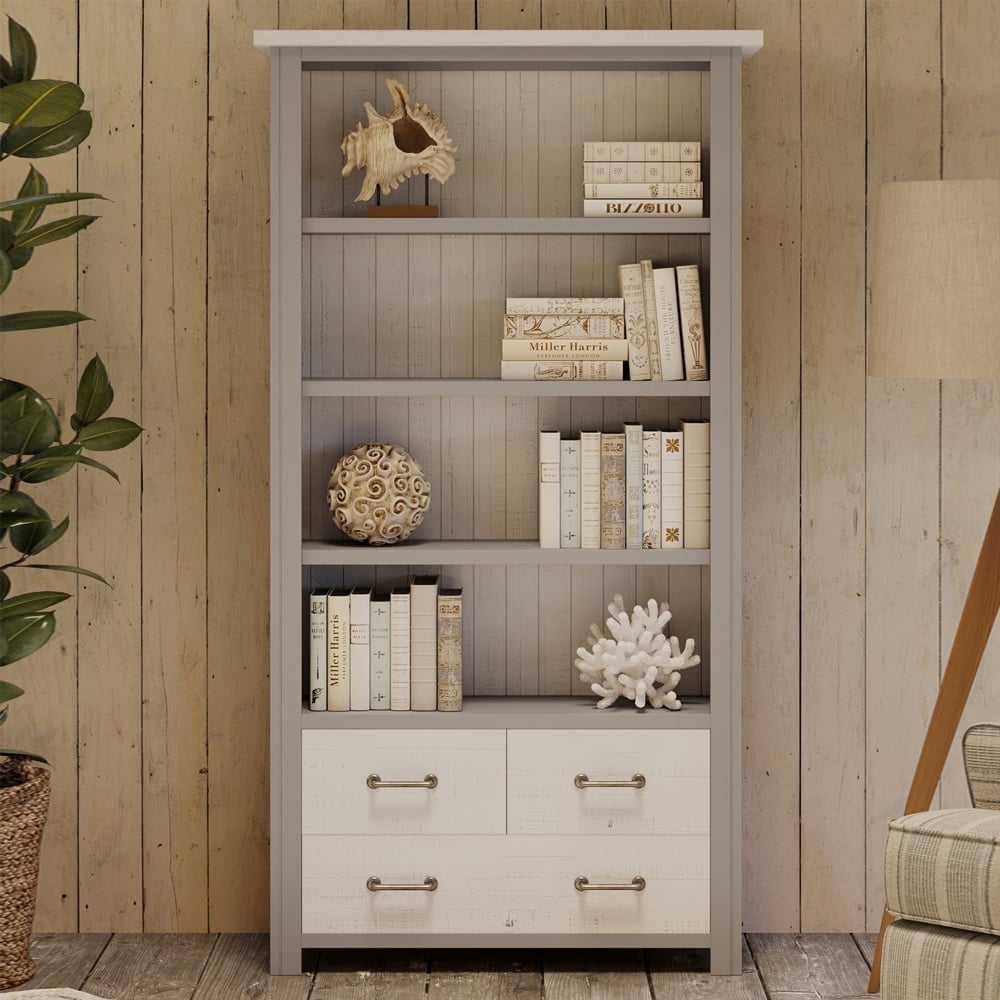 Gilford Wooden Bookcase With 3 Drawers In Greystone