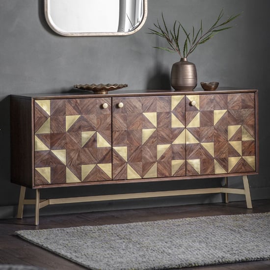 Gillette Wooden Storage Cabinet With 3 Doors In Brown And Gold