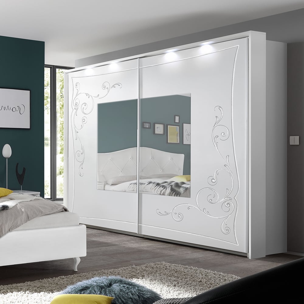 Gilroy Wooden Wardrobe With Mirror In Serigraphy White And LED