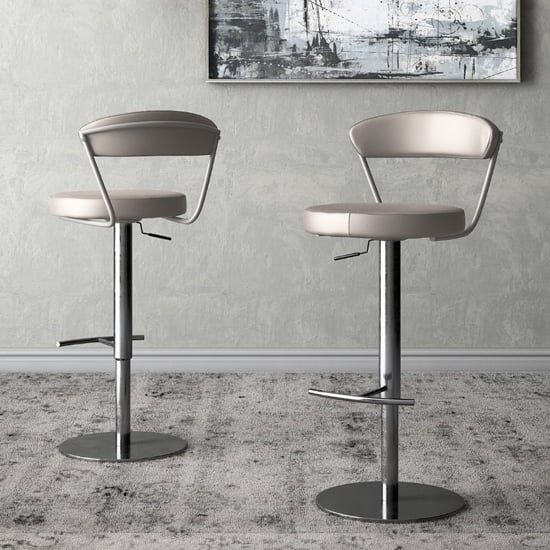 Glossop Taupe Leather Bar Stools With Chrome Base In Pair
