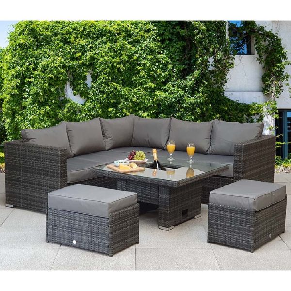 Gitel Glass Top Garden Corner Dining Set With Ice Bucket In Grey | Bed Sava