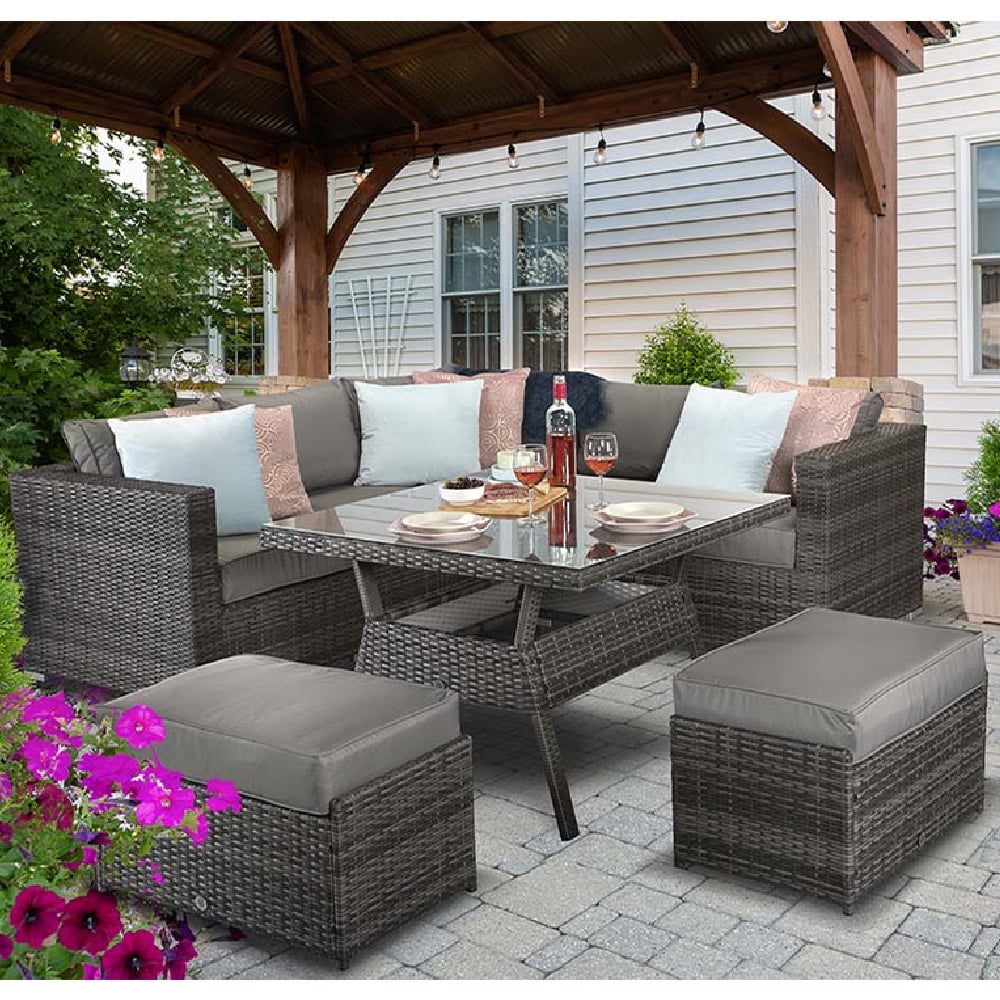 Gitel Rattan Garden Corner Dining Set With 2 Ottomans In Grey