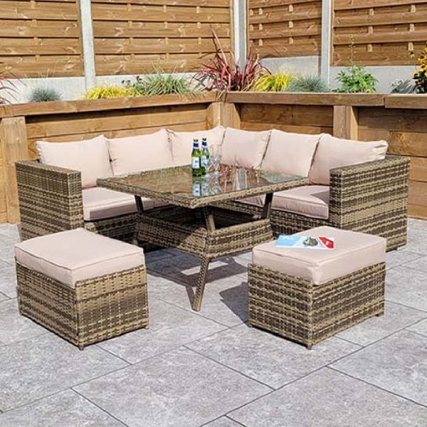 Gitel Rattan Garden Corner Sofa Set With 2 Ottomans In Brown | Bed Sava
