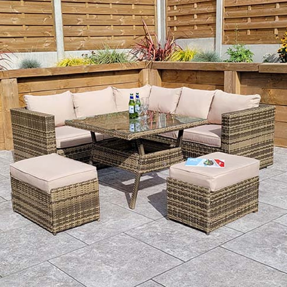 Gitel Rattan Garden Corner Sofa Set With 2 Ottomans In Brown