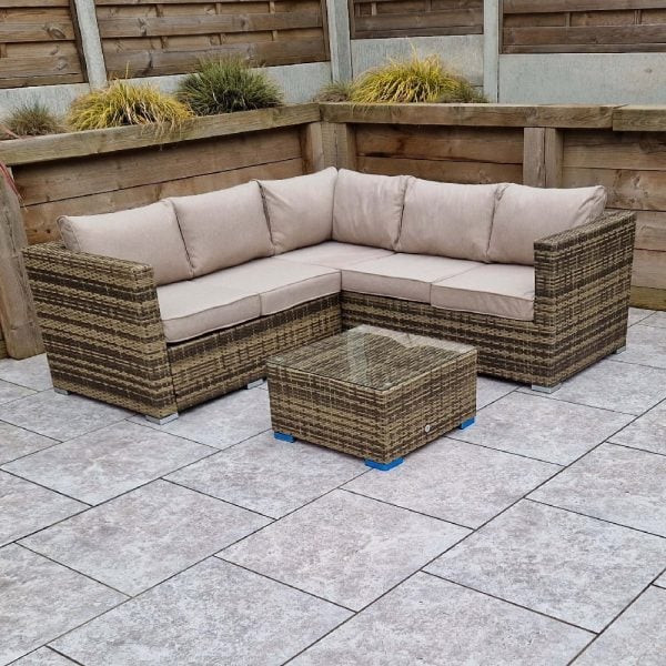 Gitel Rattan Garden Corner Sofa Set With Coffee Table In Brown | Bed Sava