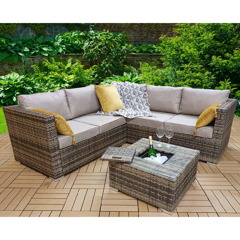 Gitel Rattan Garden Corner Sofa Set With Ice Bucket In Brown