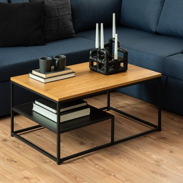 Giza Wooden Coffee Table With Black Frame In Oak | Bed Sava